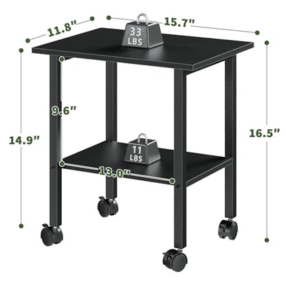 2 Tier Printer Stand with Storage, Under Desk Printer Table, Space-Saving Printer Table with Locking Wheels, Rolling Printer Cart for Home Office, Black