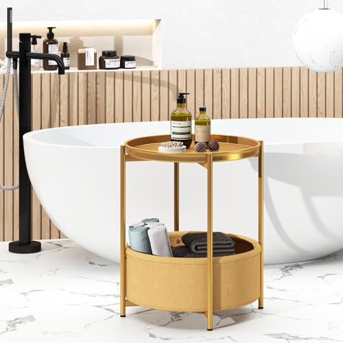 Garden 4 you Side Table with Fabric Storage Basket, Round Metal End Table, Small Bedside Table Nightstand with Removable Tray, for Nursery, Living Room, Bedroom, Bathroom, Gold - color: Gold