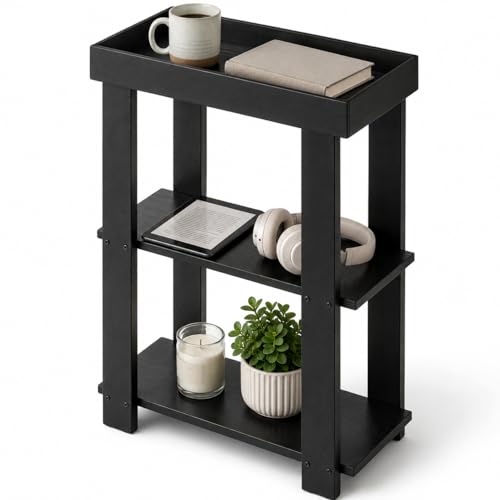 Narrow Side Table Black, 3-Tier Side Table, Rustic Farmhouse Narrow End Table with Storage, Slim Table Nightstand for Small Spaces, Bedroom or Living Room (Black) - color: Black