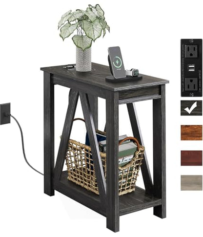 WLIVE Narrow Black End Table with Charging Station of Open Storage Shelf, Sofa Side Table with 2 USB Ports and 2 Power Outlets, Slim Farmhouse End Table for Small Spaces, 11.8" D x 23.6" W x 23.74" H - color: Charcoal Black