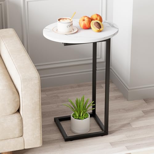C Shaped End Side Table, Small Oval Couch Sofa Table for Bed, Snack Side Table with Metal Frame, TV Tray Table with White Marble for Small Space, Living Room, Bedroom, Bedside, Black - color: White Marble+black