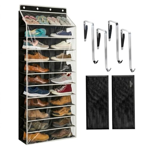 SUREMAX Super Capacity Over The Door Shoe Organizer, 11-Tier Hanging Shoe Rack for Closet Door Fits 33 Pairs, Clear PVC Behind The Door Storage Organizer with Heavy Duty Hooks & Loop Fastener, Black