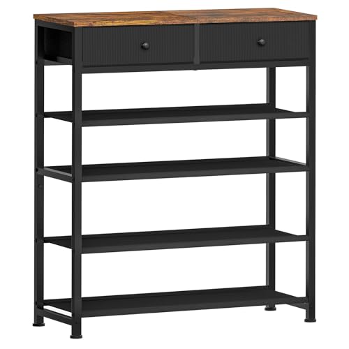 usikey Shoe Rack, 5 Tier Shoe Storage Organizer with 2 Drawers, Metal Shoe Shelf for 12-16 Pairs of Shoes, with 4 Oxford Fabric Shelves and Wooden Top, Shoe Stand for Closet Entryway, Black - color: 5 Tier ( 28.3 X 11 X 36.2 Inches)-black
