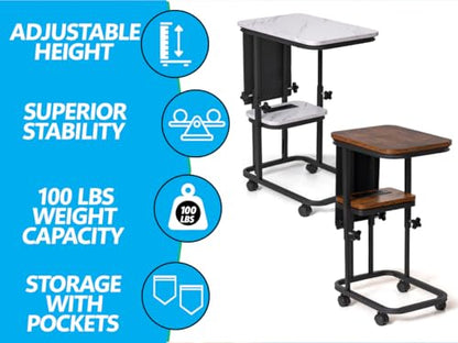 C Shaped End Table with Charging Station, Adjustable Height with Lockable Wheels & Storage Pouch, Rolling Side Table Slide Under Couch Laptop Desk, Small Sofa Table for Living Room (Small) - size: Small