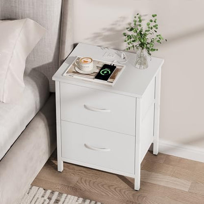Vagusicc Nightstand with Charging Station, Bedside Table with USB Ports and Outlet, End Table Side Table with 2 Fabric Drawers for Bedroom, Living Room, White - color: White (1 Pack)