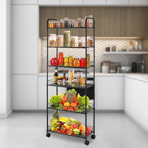6 Tier 6in/10in Slim Rolling Storage Cart, Mobile Shelving Unit with Wheels, Metal Wire Storage Shelving Rack with Baskets for Kitchen Bathroom Office Laundry Narrow Places