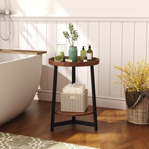 Industrial 2 Tier Round Side Table with Storage Shelf,Accent Tray End Table with Triangular Metal Support, Nightstand Bedside Sofa Table for Living Room, Bedroom, Balcony, Cherry - color: Cherry, style: No Charging Station