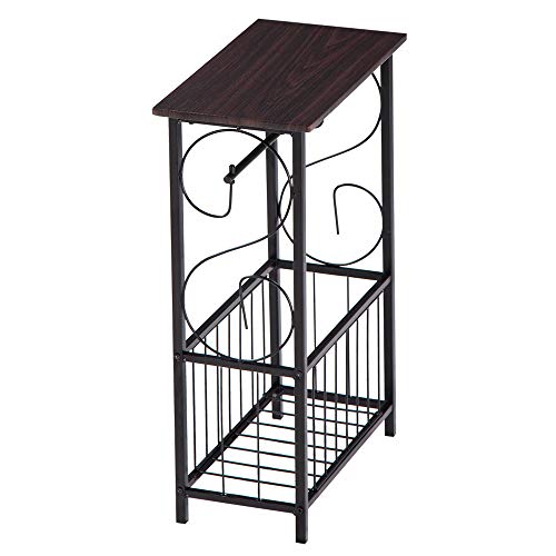Side Coffee End Table,Multifunctional Bathroom Table,Bathroom Free Standing Floor Storage Side Corner Table Shelf with Toilet Paper Holder Stand and Magazine Rack,Metal Frame & Wood Top,Dark Brown