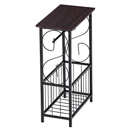Side Coffee End Table,Multifunctional Bathroom Table,Bathroom Free Standing Floor Storage Side Corner Table Shelf with Toilet Paper Holder Stand and Magazine Rack,Metal Frame & Wood Top,Dark Brown