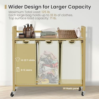 SwaaVee Laundry Sorter, Laundry Hamper 3 Section, 3×11.4Gal, Metal Frame Rolling Laundry Basket with Wooden Top Shelf, Pull out and Removable Laundry Bags, 3 Bags-Golden - color: Gold