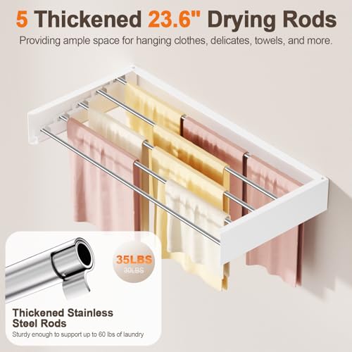 Wall Mounted Clothes Drying Rack Folding Indoor, Foldable Laundry Drying Rack Collapsible, Space Saving, Retractable Towel Drying Rack, with Wall Template(5 Drying Rods, White 23.6") - color: White, size: White-23.6"