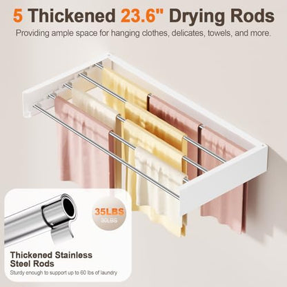 Wall Mounted Clothes Drying Rack Folding Indoor, Foldable Laundry Drying Rack Collapsible, Space Saving, Retractable Towel Drying Rack, with Wall Template(5 Drying Rods, White 23.6") - color: White, size: White-23.6"