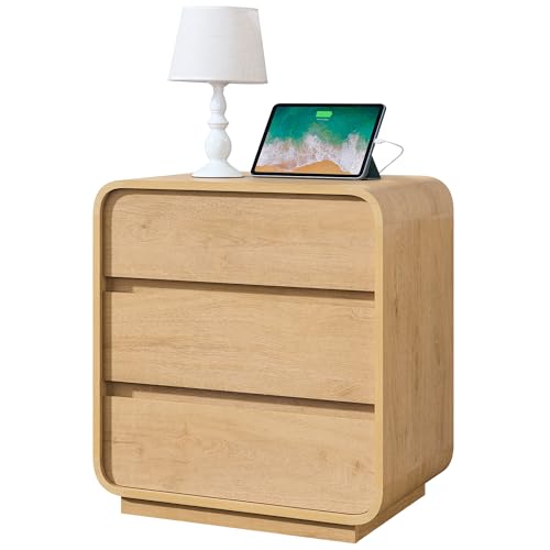 Standifurno 3 Drawers Nightstand with Charging Station, Modern Wood 25" Tall Curved Night Stand, Large End Table Bedside Table for Bedroom, Office, Sofa, Natural - color: Natural, size: 3 Drawers (1PC)