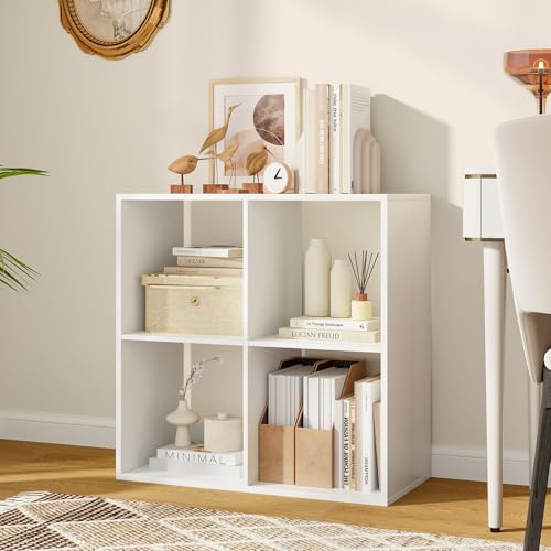 4 Cube Storage Organizer, 2 Tier Floor Standing Bookcase, Small Bookshelf for Small Spaces, Wooden Open Display Shelf for Living Room, Bedroom, Study, White Bookshelf with Open Back - size: 4 Cubes