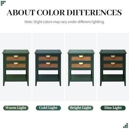 vistavie 22" Green Rattan End Table with 2 Drawers and Open Shelf, Boho Accent Side Table with Gold Semi Circular Handles and Solid Wood Legs for Living Room - color: Green Set of 1
