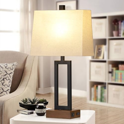 Rinweey 23.5" Table Lamps Set of 2, Modern Black Bedside Lamps with 2 USB Ports & AC Outlet, Contemporary Nightstand Lamps with Wood Base for Bedroom Living Room(LED Bulb Included) - color: Black