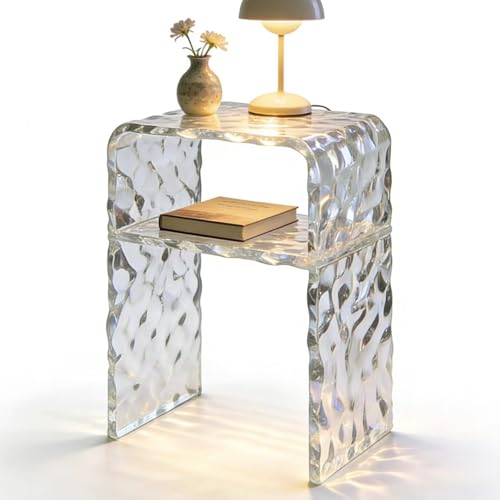 Acrylic 2-Tier End Table – 23.6”H Modern Nightstand with Shelf, Sturdy Bedside Storage for Bedroom, Living Room, Home Office, No Assembly Required (Water Ripple) - size: 18.5"L x 11.8"W x 23.6"H