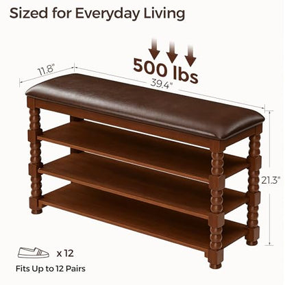 Homleke 39.4" Wide Solid Wood Shoe Rack Bench with Classic Turned Ball Legs | Tall 3-Tier Entryway Bench with Leather Seat, Holds Up to 12 Pairs, for Hallway, Bedroom and Closet, Walnut - color: Walnut, size: 3-Tier 39.4 Inch