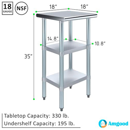 Stainless Steel Work Table with 2 Shelves | Metal Utility Table | Commercial & Residential NSF Utility (Stainless Steel Table with 2 Shelves, 18" Long x 18" Deep) - size: 18" Long x 18" Deep