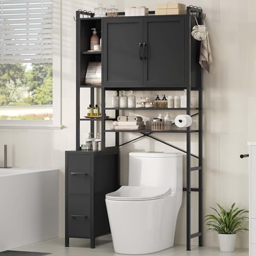 7-Tier Over the Toilet Storage Cabinet with 2 Large Drawers & 6 Hooks, Over the Toilet Storage with Toilet Paper Holder, Bathroom Over Toilet Storage for Bathroom, Laundry Room, Black - color: Black, style: With Left Side Shelf