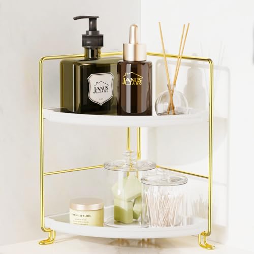 2-Tier Corner Bathroom Countertop Organizer, Tiny Counter Corner Shelf Skincare Makeup Perfume Organizer and Organization for Kitchen (Luxury Gold) - color: White + Gold
