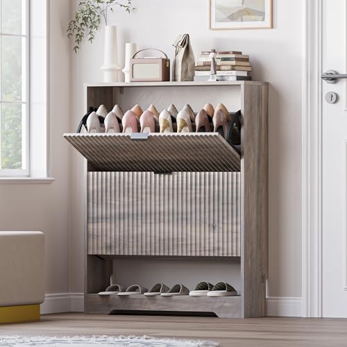 BORNOON Shoe Cabinet with 2 Flip Drawers, Fluted Shoe Storage Cabinet with Adjustable Shelves, Freestanding Rack and Organizer for Entryway, Closet, Hallway - color: Wood, size: 2-Drawer