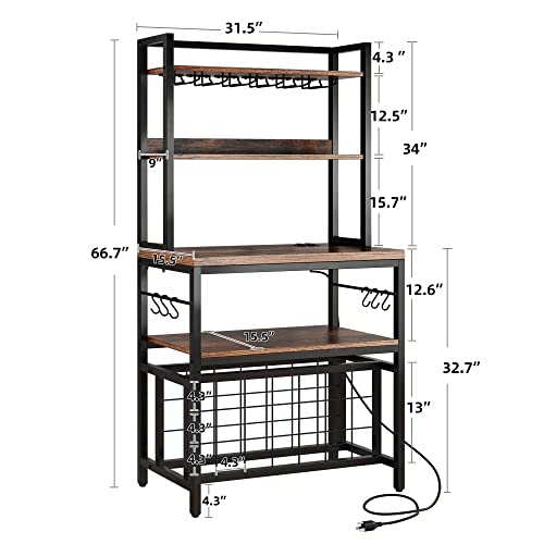 YITAHOME Kitchen Microwave Bakers Stand 31 Inches Wine Rack Free Standing Small w Storage for Liquor Glasses Power Outlet Tall Farmhouse Utility Shelf Pantry Dining Room Coffee Bar Hutch, Rustic Brown | 5-Tier Storage, Wine Rack, Glass Holders, Power Outl