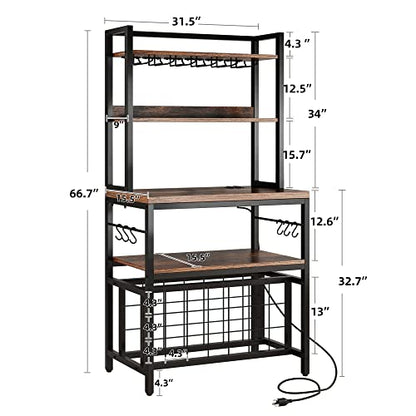 YITAHOME Kitchen Microwave Bakers Stand 31 Inches Wine Rack Free Standing Small w Storage for Liquor Glasses Power Outlet Tall Farmhouse Utility Shelf Pantry Dining Room Coffee Bar Hutch, Rustic Brown | 5-Tier Storage, Wine Rack, Glass Holders, Power Outl