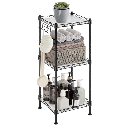 SONGMICS Storage Shelf, Bathroom Shelf for Small Space, 3 Tier, Ink Black | Storage rack with 3 PP shelf liners, removable hook, extendable design, Translucent, ULGR103B01 - color: Ink Black + Translucent, size: 3 Tiers (11.8"D x 11.8"W), style: With PP S