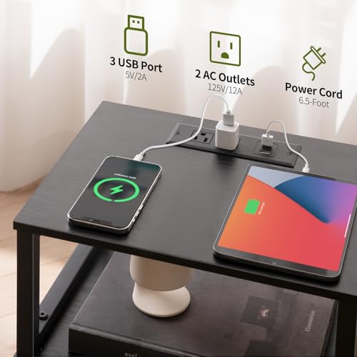 Yoobure Farmhouse NightStand with Charging Station，Wood Night Stand End with USB Ports, LED Bed Side Table with Storage Cabinet，Bedside Table for Bedroom, Living Room Black - color: Black