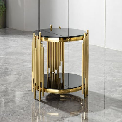Magipa17.72 Round Sofa Side Table, End Table with 2-Tier Black Tempered Glass and Gold Stainless Steel Frame for Living Room, Office & Café - color: End Table Set of 1