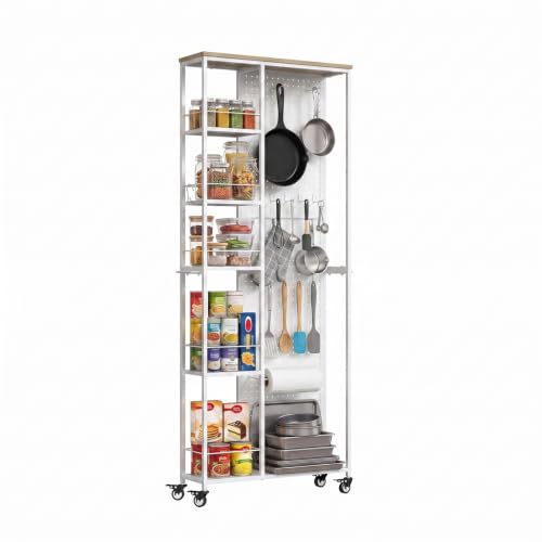 Slim Rolling Storage Cart, 8.3 Inch Narrow Storage Cart with Wheels, Pegboard & 5 Tier Shelves, Mobile Slim Storage Rack Next to Fridge for Kitchen, Laundry, White - color: White