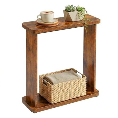 Narrow Side Table for Small Spaces, 7.9" Slim End Table with 2-Tier Open Storage Shelf, Modern Skinny Wood Sofa Table for Living Room, Bedroom, Nightstand, Couch (Rustic Brown) - color: Rustic Brown