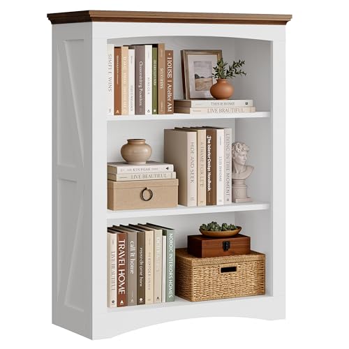 IRONCK 43" Tall 3-Tier Bookshelf, Farmhouse Bookcase White | White finish, anti-tip design, wood thick shelf, 30" wide floor-standing unit for home office, living room, bedroom