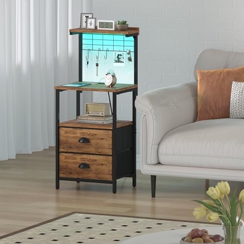 sthmec Tall Nightstands with Charging Station, LED Night Stand Bedsides with 2 Drawers Fabric, Hooks,USB Port and Open Storage Shelves,Tall End Table Bedside for Bedroom,Office, Rustic Brown - color: Rustic Brown, style: 2 Drawers