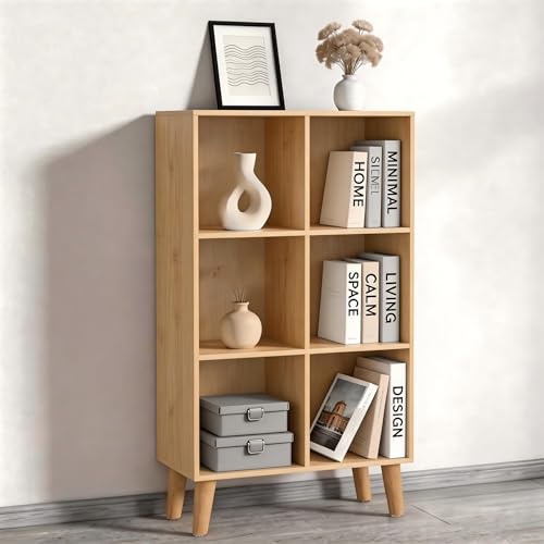 6 Wooden Cube Storage Organizer with Legs,Three Tier Vertical Cube Bookcase Freestanding Storage Organizer Open Shelf Short Bookshelf for Bedroom, Living Room, Home Office (6 Cube,Oak) - color: Oak, size: 6 Cube-Vertical