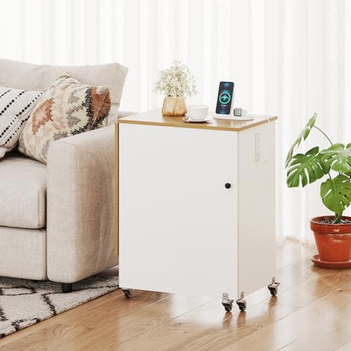 Giantex Folding Sewing Table with Charging Station, Storage Trays & Shelf | Rolling Craft Table with Lockable Wheels, Foldable Sewing Machine Cabinet Desk for Small Spaces, Dorms, White & Natural - color: White & Natural