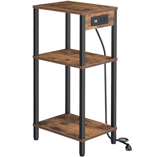 Tall Side Table with Charging Station, 30 Inch Tall End Tables Living Room | 30 Inch Tall Side Table with Storage, Tall Nightstand, Small Bedside Tables for Bedroom, Office, Dorm, Hallway, Rustic Brown - color: Rustic Brown, size: 11"D x 15"W x 30"H