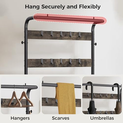 NEWBULIG Coat Rack, Hall Tree with Shoe Bench, 4-in-1 Entryway Organizer with 10 Hooks and Storage Shelf, Rustic Wood Entryway Bench for Mudroom, Living Room, Bedroom, Grey - color: Deep Grey