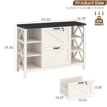Halitaa 44" Lateral File Cabinet with Adjustable Shelves, Farmhouse 2 Drawer Filing Cabinet with Lock for Legal/A4/Letter, Wooden Printer Stand Office Furniture for Home Office, White and Black