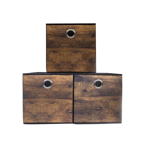 Durable Thickened Fabric Storage Bin with Stylish Wood Grain,Decorative Storage Box for Open Shelves,Foldable Basket Home Space-saving Organizer Bin for Clothes,Books,Files,Toy,3 Pack (10.5x10.5x11in) - size: Small-10.2x10.2x11inch