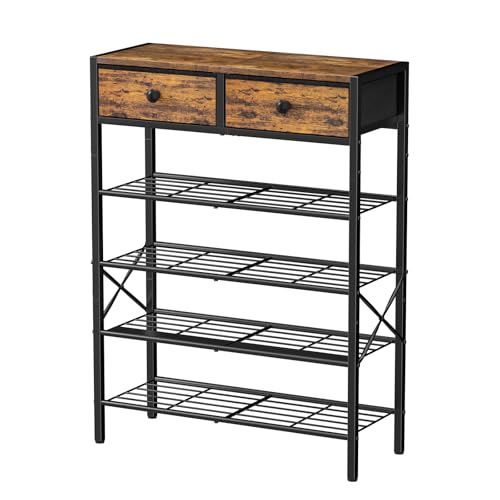 Shoe Rack for Entryway, 5 Tier Shoe Organizer with 2 Non-woven Drawers, Metal Storage Shoe Shelf for 16-20 Pairs of Shoes, with Wooden Top and Steel Frame, Shoe Stand for Closet Rustic Brown - color: Rustic Brown, size: 5-Tier
