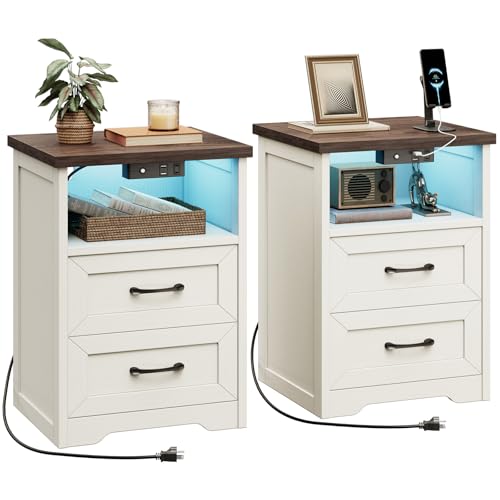 AODK Farmhouse Nightstand Set of 2, Bedside Tables with Charging Station & LED Lights, End Tables with Two Drawers and Open Storage, Rustic Bed Side Tables for Bedroom, Rustic White & Walnut - color: Rustic White & Dark Walnut