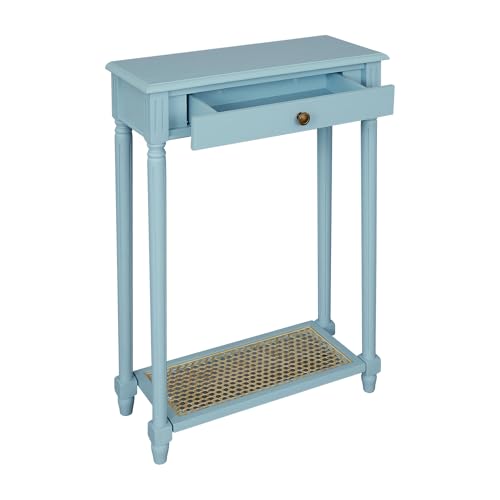 East at Main Lenora Blue Narrow Console Table for Entryway with Drawer | 23.75-inch slim hallway table with cane shelf, solid wood frame, powder blue finish, coastal furniture for small spaces - color: Powder Blue