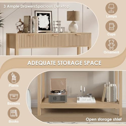 Nasonet Fluted Console Table, Wooden Sofa Table with Storage and Drawers, Farmhouse Behind Couch Table Entryway Table for Entrance, Hallway, Living Room, Oak - color: Oak, style: Modern