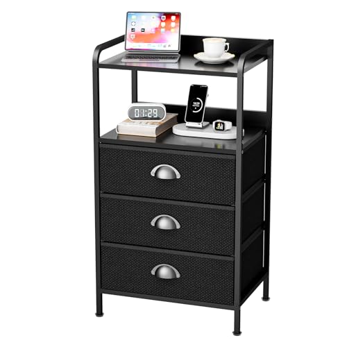 Night Stand with 3 Fabric Drawers, Bedside Table with Wood Top and 2 Tier Shelf, End Table with Storage Drawer Dresser, Small Side Table for Bedroom, Metal Frame, Black - color: Black(3locker), size: Set of 1