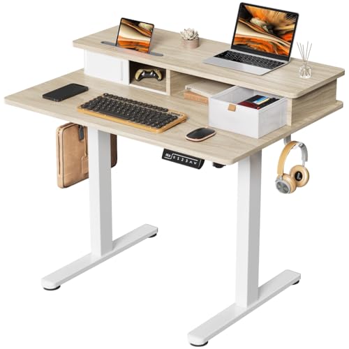 JOY worker Small Electric Standing Desk, 35" x 25" Height Adjustable Desk with Built-in Monitor Stand & Storage Drawer, White Sit Stand Desk with 2 Hooks for Home Office, Light Walnut - color: Light Walnut, size: 35inch