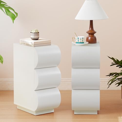 7.9" Narrow Side Table with Storage,Slim End Table for Small Space | White Nightstand Set of 2 with 3 Drawers, Modern Curved Design Bedside Table for Bedroom/Living Room, Easy Assembly - color: White, size: 2
