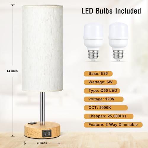 Small Touch Table Lamps Set of 2-3-Way Dimmable, USB A + C Charging, AC Outlet, Wood Grain Base, Bulbs Included - color: Cream - Wood Grain 2, size: 14" Touch Control
