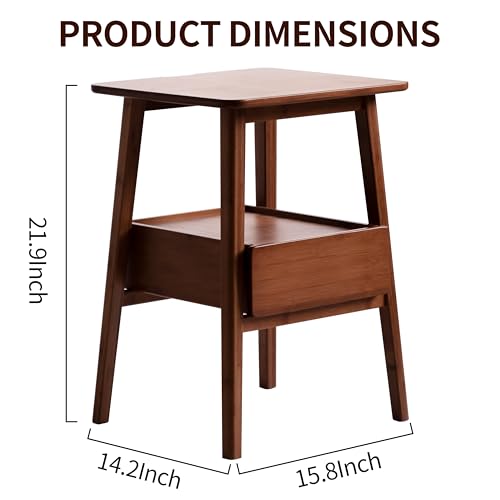 JIKUGO Nightstand Mid Century Modern and Drawers Display Cabinet for Bedroom Bamboo Bedside Tables 21.9x15.8x14.2in Night Stands Bed Side Table - color: Walnut